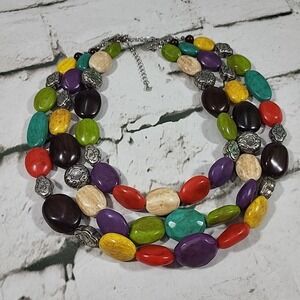 Stone Bead 3 Strand Rainbow Necklace Choker